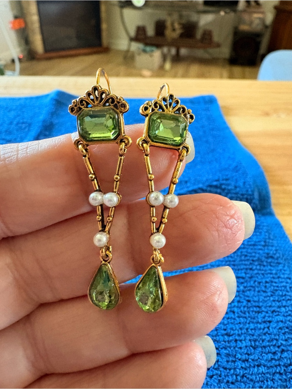 Gold-Tone Green Crystal Drop Earrings with Pearls